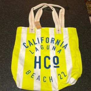 Hollister HCO Laguna Beach 22 Neon Yellow and White Canvas Bag